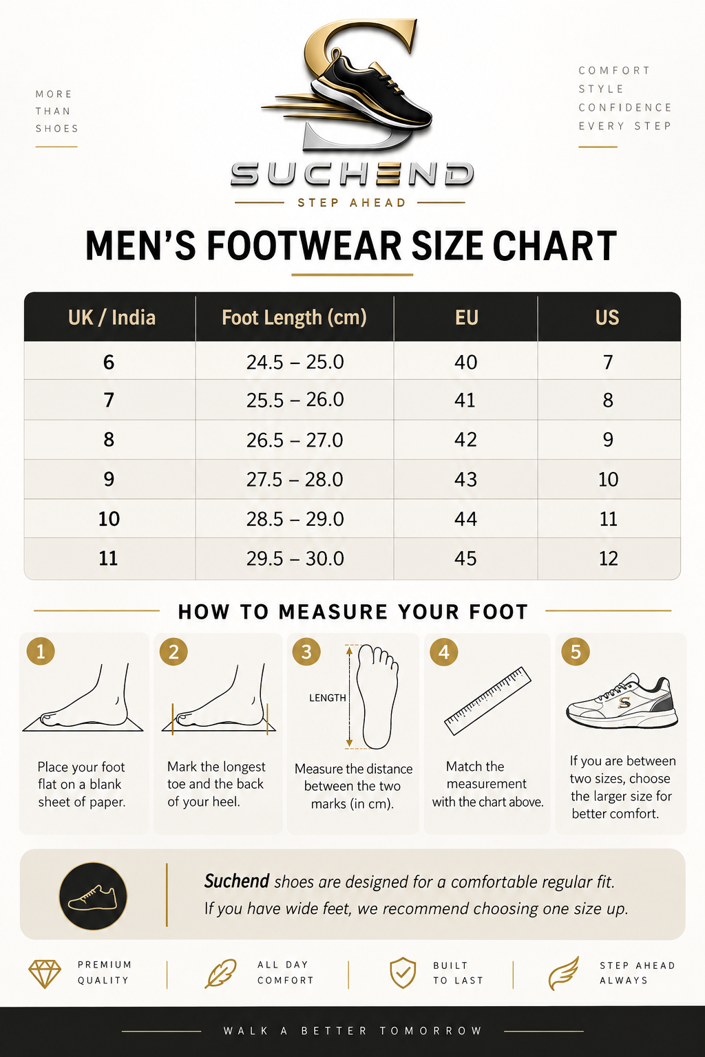 Suchend men's footwear size chart with UK India, EU and US shoe sizes and foot measurement instructions